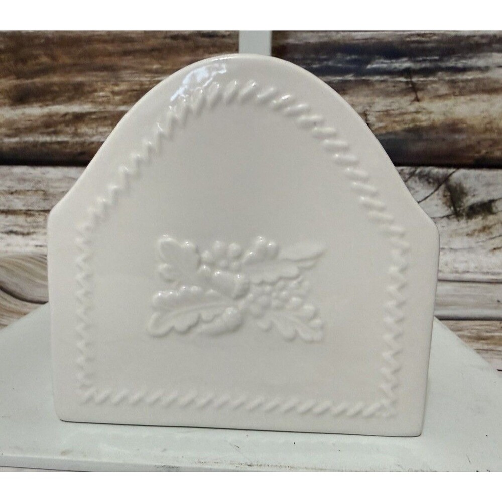 Martha Stewart MSE  Napkin Holder White Embossed Ceramic Acorn & Leaves Classic